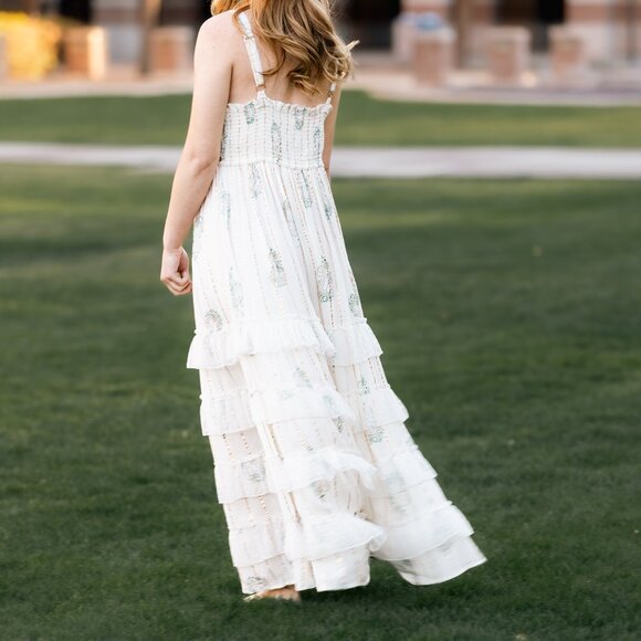 White Paisley Maxi Dress Ruffle Tiered V Neck Bohemian Beach Wedding Guest Large - Picture 4 of 11